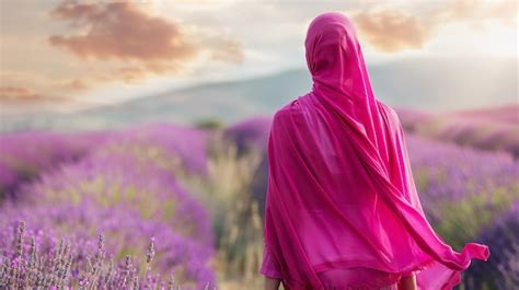 Premium Photo Muslim Woman In Pink Hijab Admiring Sunset Over