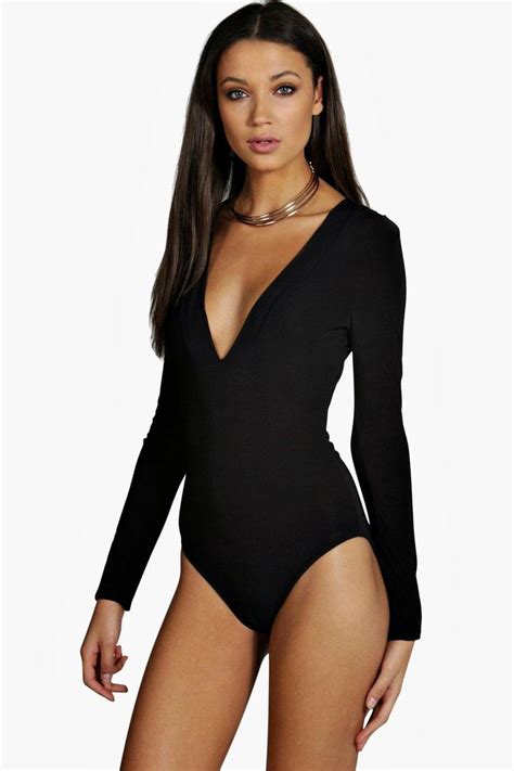 Tall Plunge Long Sleeve Slinky Bodysuit Boohoo Long Sleeve Bodysuit