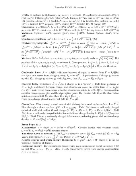 Formula Chart Physics 121 Common Exam 1 Spring 2023 Formulas Phys 121 Exam 1 Units Si