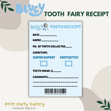 Bluey Tooth Fairy Receipt A5 Print Party Gallery Digital Download Etsy