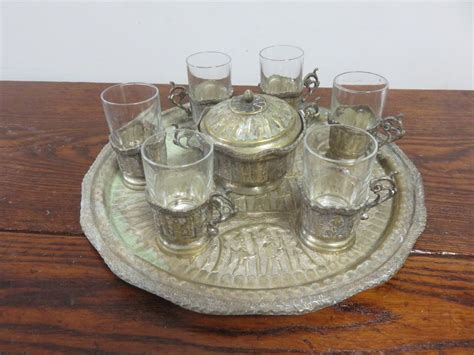 French Arcoroc Tea Set 6 Glasses With Holders Tray Bowl