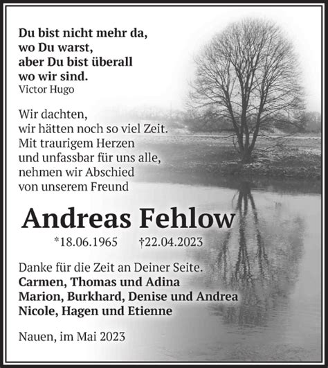 Traueranzeigen Von Andreas Fehlow M Rkische Onlinezeitung Trauerportal