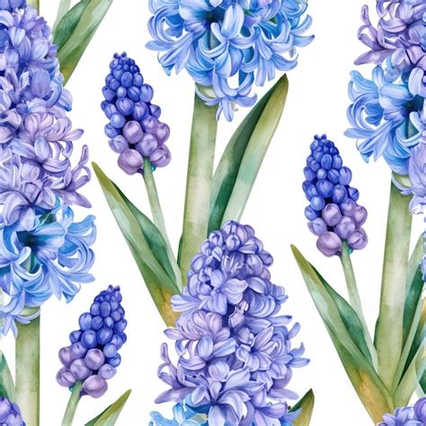 Premium Photo Watercolor Hyacinth Flower With Leaves Seamless Pattern