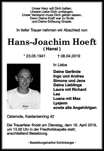 Traueranzeigen Von Hans Joachim Hoeft Harztrauer De