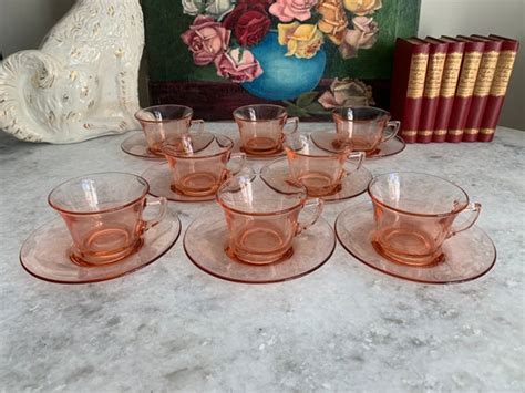 Vintage Pink Depression Glass Tea Set Pink Glass Teacups And Etsy