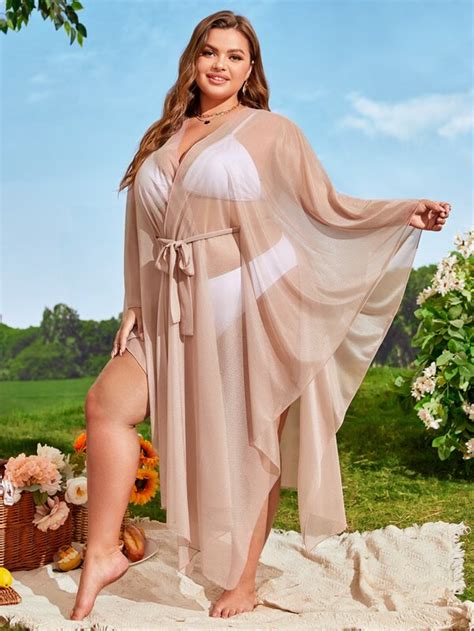 Plus Sheer Mesh Belted Kimono Without Bikini Shein Uk