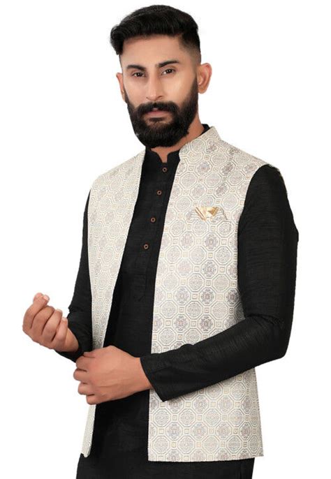 Buy Woven Art Silk Jacquard Nehru Jacket In Cream Online MHG2202