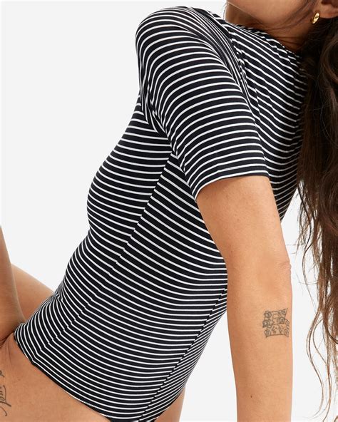 The Short Sleeve Crew Neck Bodysuit Black White Stripe Everlane