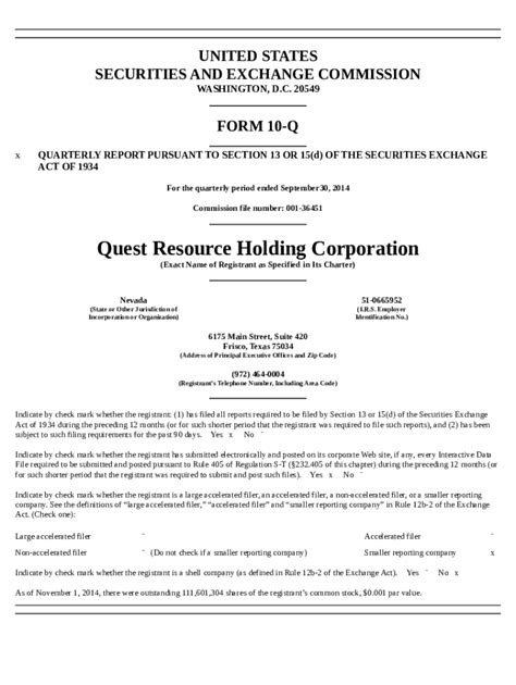 Quest Resource Holding Corporation And Subsidiaries Doc Template