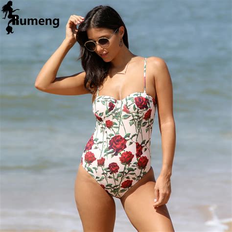 Rumeng Floral Print Flora One Piece High Waist Swimsuit Sexy Bikini