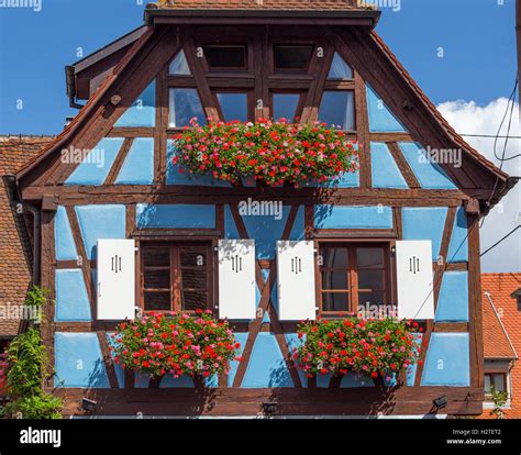 Traditional Half Timbered House In Eguisheim Alsace France Stock