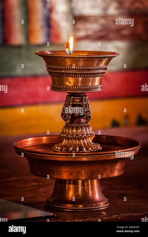 Lamp in gompa Tibetan Buddhist monastery. Ladadkh, India Stock Photo ...