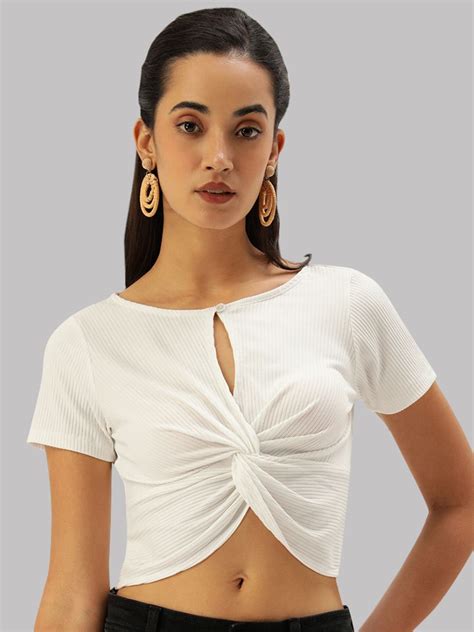 Buy Martini Vertical Stripes Self Design Keyhole Neck Twisted Crop Top Tops For Women 29779172