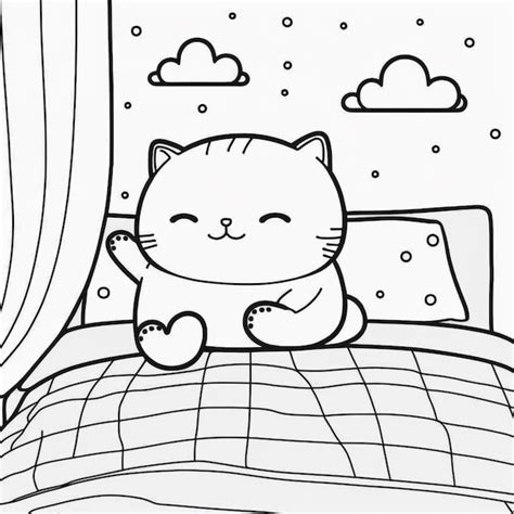 Dibujos Para Colorear De Un Gato Sentado En Una Cama Con Una Almohada