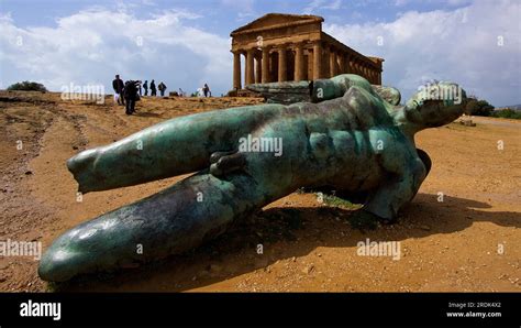 Super Wide Angle Shot Bronze Statue Of Fallen Icarus Concordia Temple