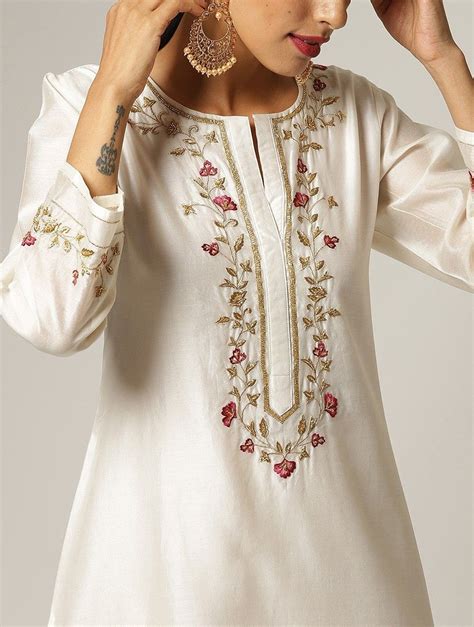 Buy Ivory Hand Embroidered Silk Chanderi Kurta Women Kurtas Trails