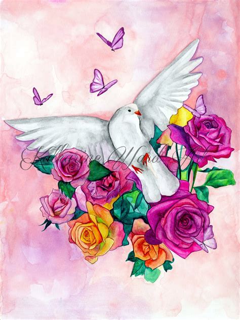 Dove Of Peace Holy Spirit Pink Floral Art Print Christian Wall Art Etsy