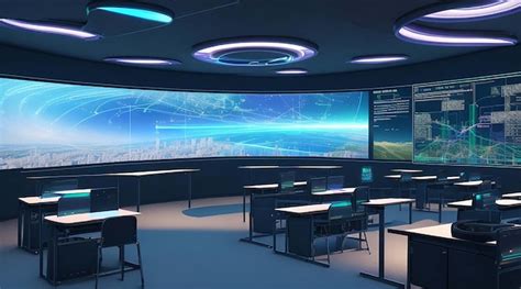 A Futuristic Classroom With Holographic Displays Are Integrated Into