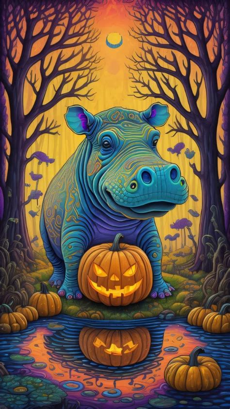 a hippo sitting on top of a pond next to pumpkins