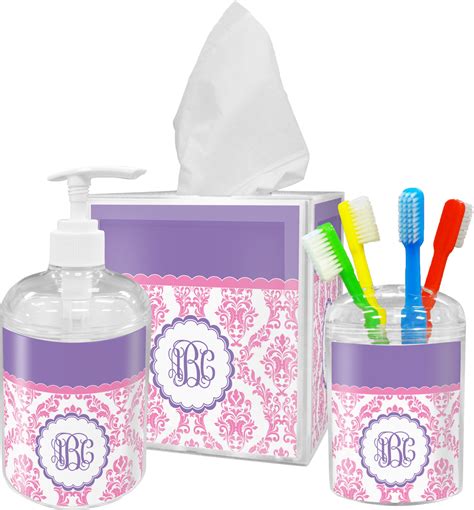 Pink White And Purple Damask Acrylic Bathroom Accessories Set W