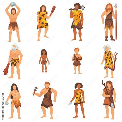 Primitive people vector primeval neanderthal cartoon character and ...