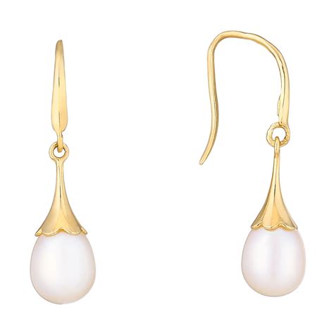 9ct Yellow Gold Pearl Flute Drop Earrings Hsamuel