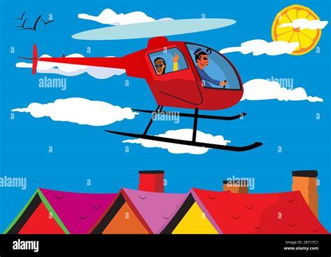 Vector Illustration Of A Helicopter Above The Roofs Stock Vector Image