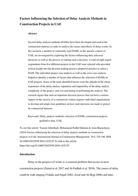 Pdf Factors Influencing The Selection Of Delay Analysis Methods In