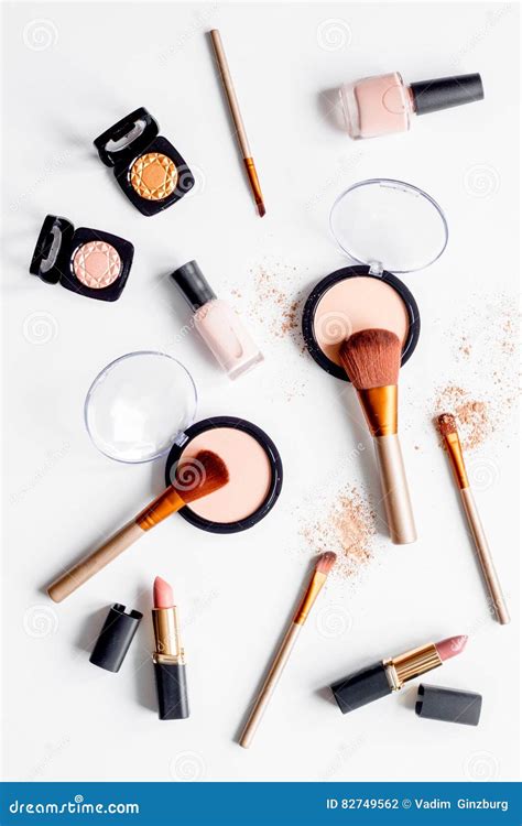 Decorative Cosmetics Nude On White Background Top View Stock Photo