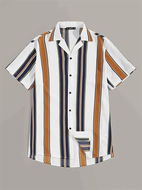 Shein Men Notch Collar Colorblock Striped Shirt Striped Shirt Men