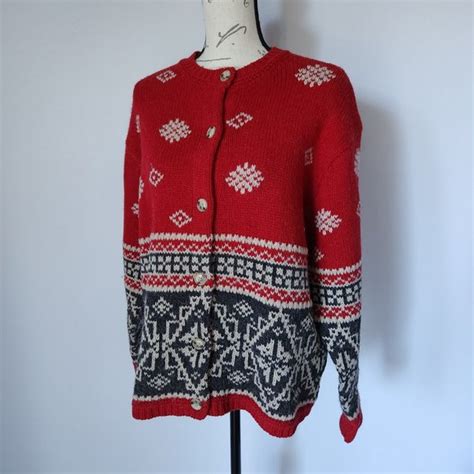 Eddie Bauer Sweaters Vintage Eddie Bauer Wool Alpaca Fair Isle Nordic Cardigan Button Red