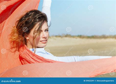 Attractive Girl With Red Scarf On The Wind Stock Image Image Of Lady