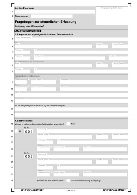 Fragebogen Zur Steuerlichen Erfassung Gr Ndung Einer K Rperschaft