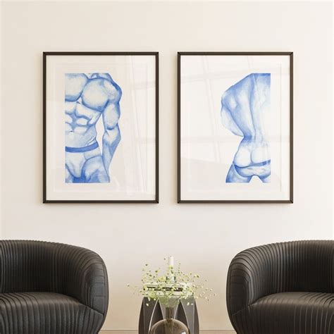 Set Of 2 Muscle Men Watercolor Prints Gay Wall Art Nude Male Art Set Of