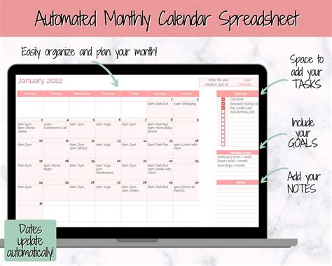 Monthly Calendar Planner Spreadsheet Automated Template | Etsy