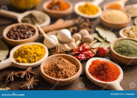 Set Of Indian Spices On Wooden Table Top View Royalty Free Stock