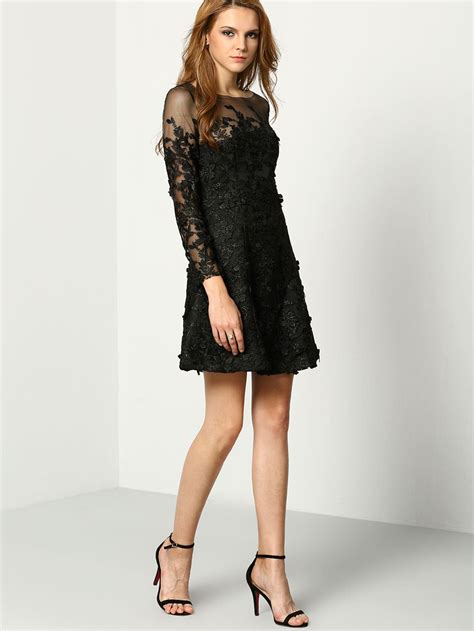 Black Round Neck Sheer Mesh Lace Dress Sheinsheinside