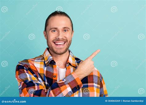 Portrait Of Pleasant Guy With Beard Long Hairdo Wear Flannel Shirt Indicating At Sale Empty