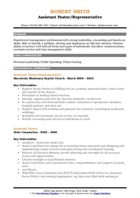 Assistant Pastor Resume Samples Qwikresume