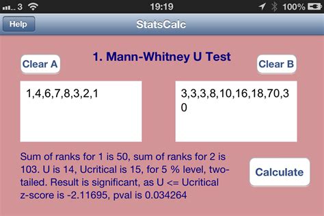 SciStatCalc: Mann-Whitney U test