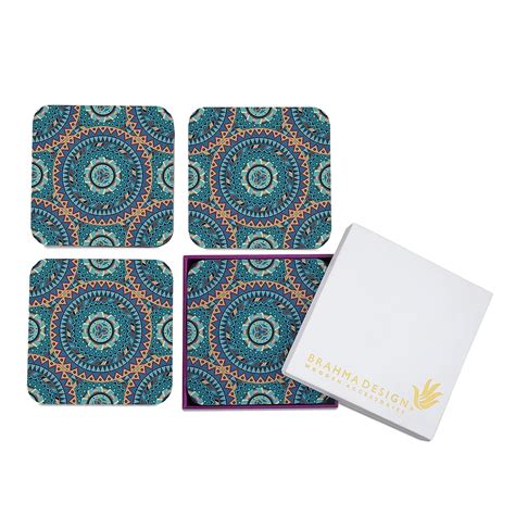 Brahma Design Wooden Coaster Set With Gift Box Blue Mandala Design