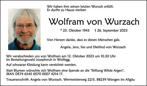 Traueranzeigen Von Wolfram Von Wurzach Schwaebische De Trauerportal