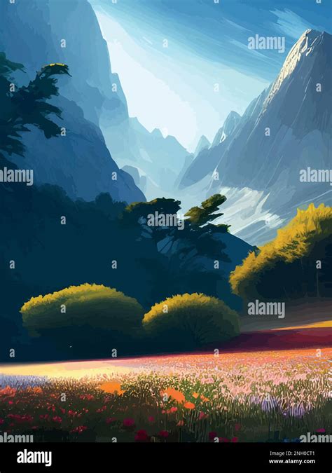 Spring Landscape With Trees Mountains Fields Leaves Vector