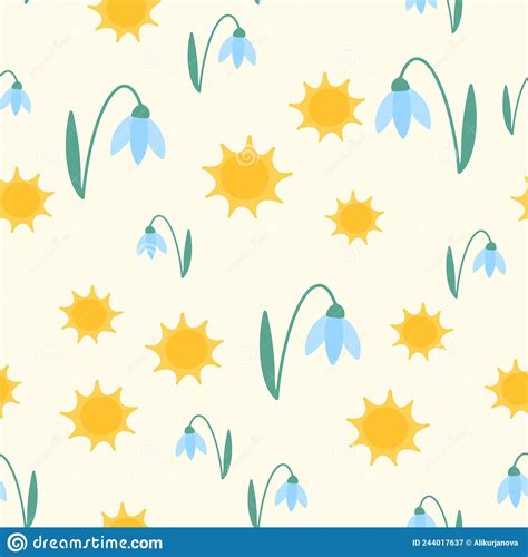 Flower Snowdrop And Sun Cute Seamless Pattern Vector Illustration For