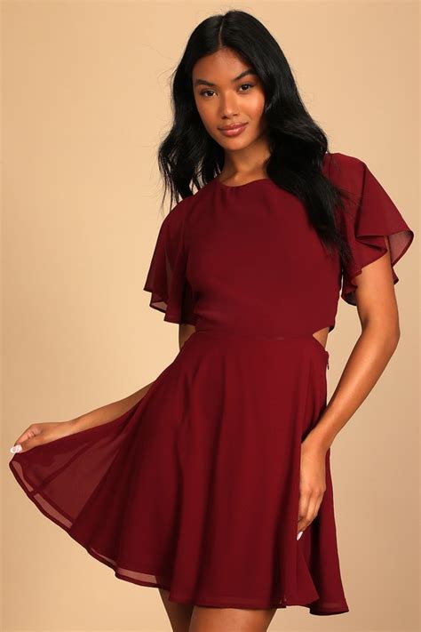 Burgundy Skater Dress Chiffon Mini Dress Cutout Skater Dress Lulus