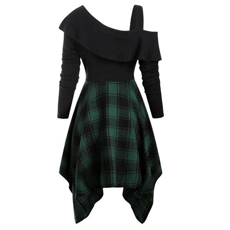 Buy Clothes Womne Plus Size Plaid Skew Neck Belted Handkerchief Dress