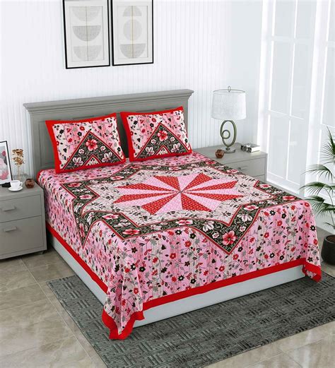 Buy Pink Traditional Tc Cotton Double Queen Bedsheet With Pillow