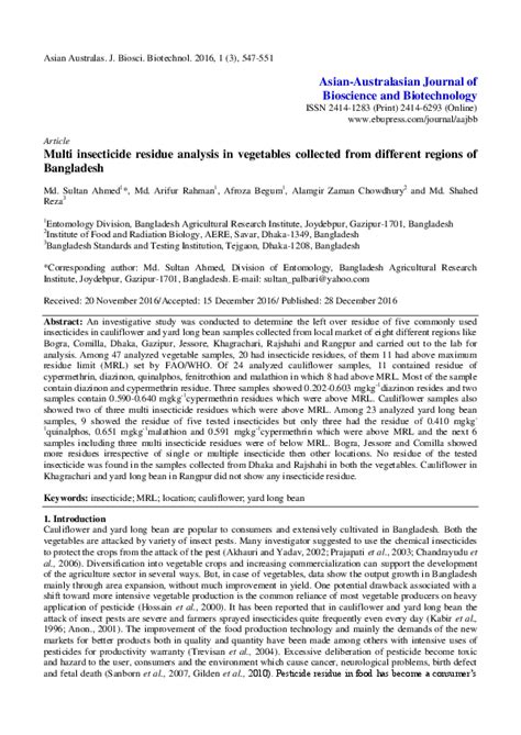 Pdf Multi Insecticide Residue Analysis In Vegetables Collected From