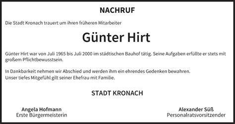 Günter Hirt Traueranzeige trauer inFranken de