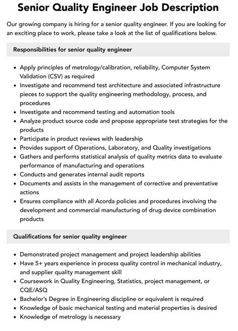 Senior Quality Engineer Job Description Velvet Jobs